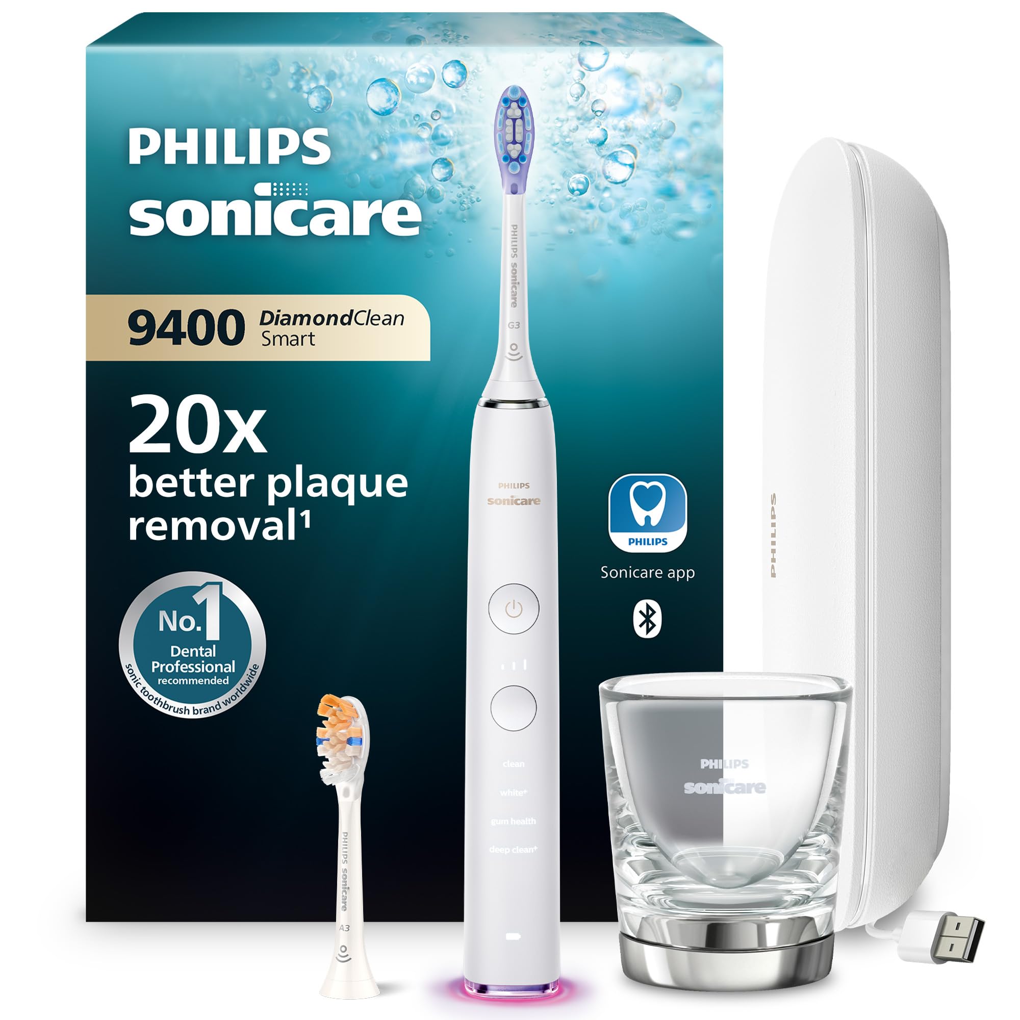 Philips Sonicare DiamondClean Smart 9400 - Brosse à dents électrique avec application, capteur de pression, détection de la tête de brosse, blanc, modèle HX9917/88
