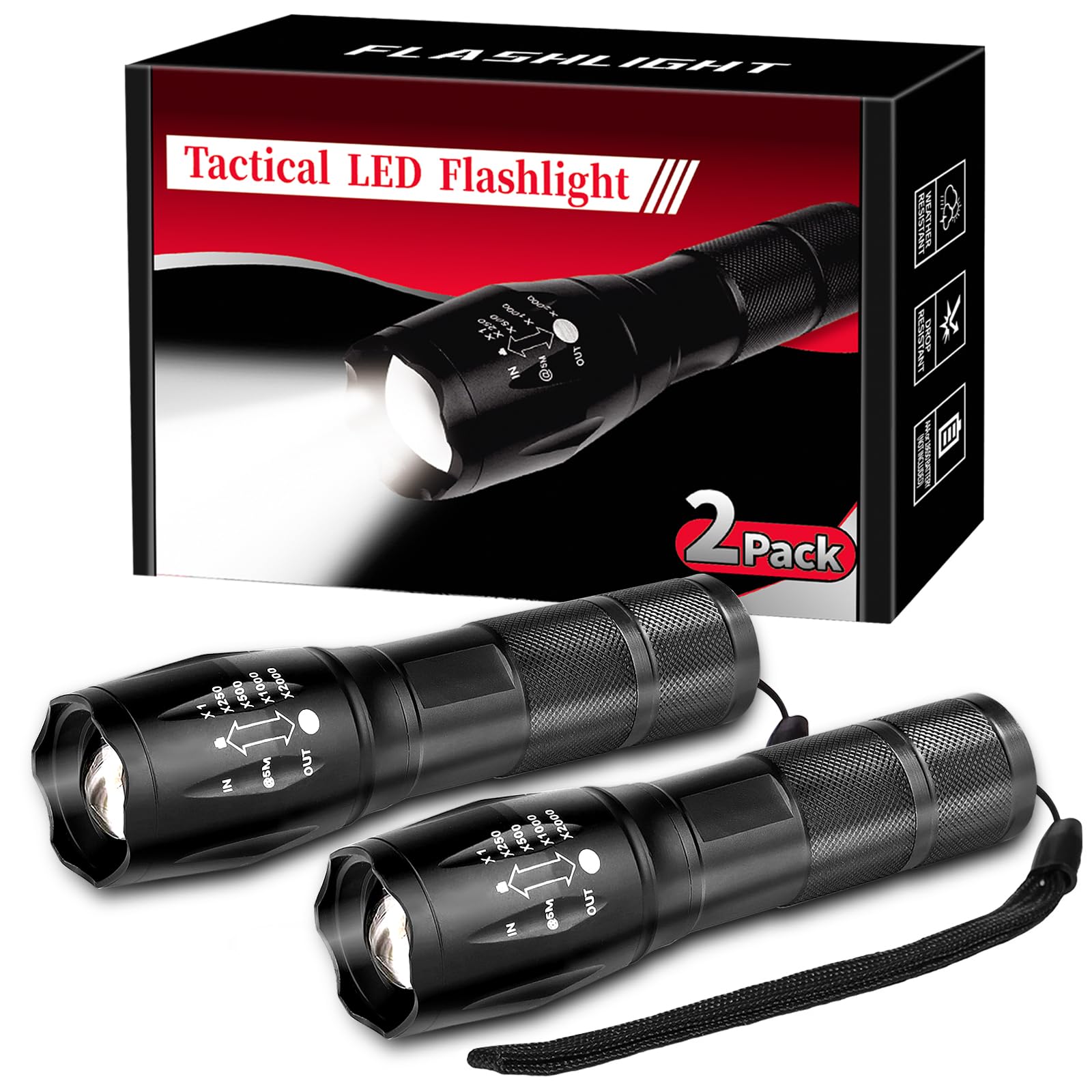 2 Pack Flashlights High Lumens, 5 Modes Zoomable