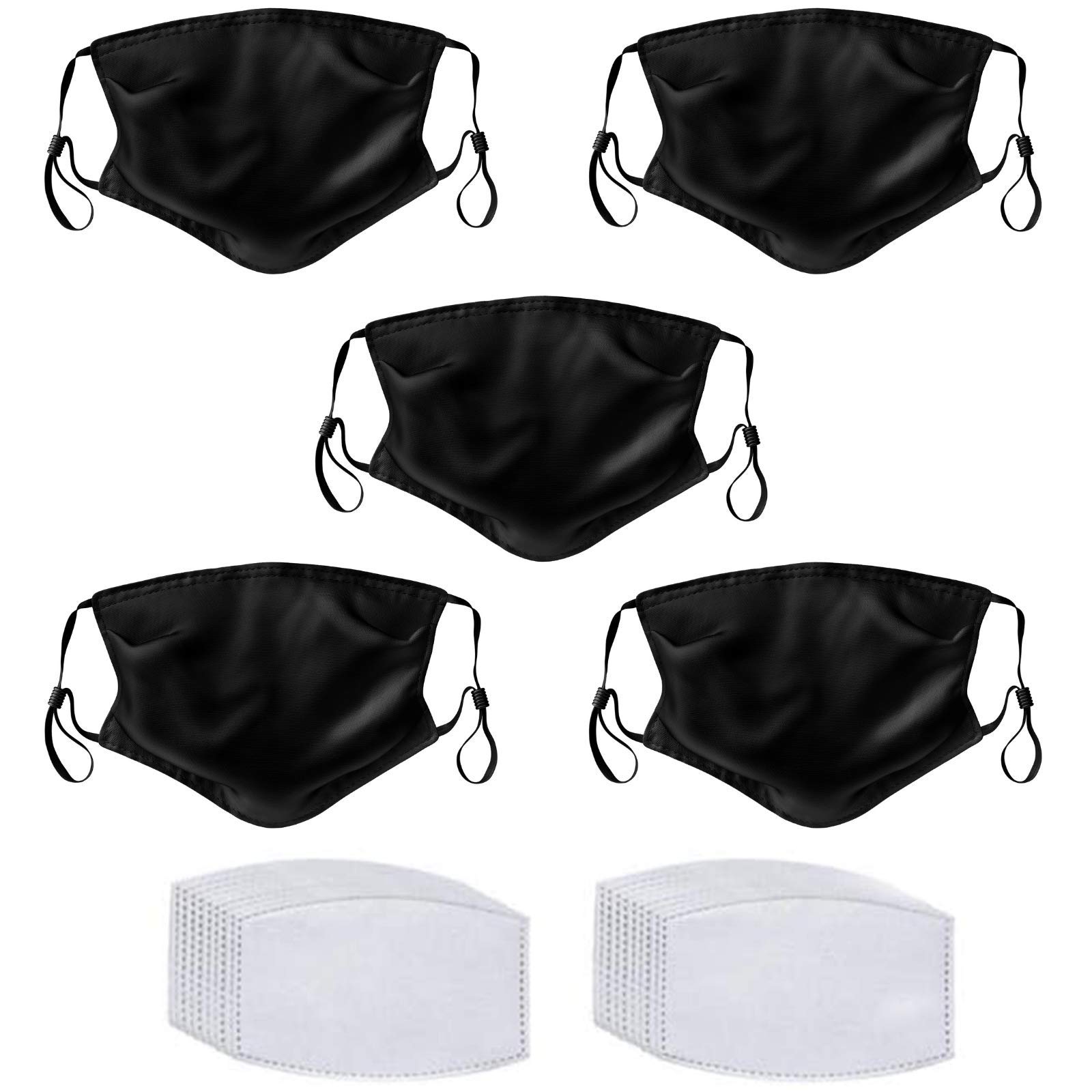Primicity Face Masks Washable UK with Filters - Reusable/Adjustable/Washable Black masks -Cotton fabric facemasks (5 pack+ 20 filters) - UK Seller