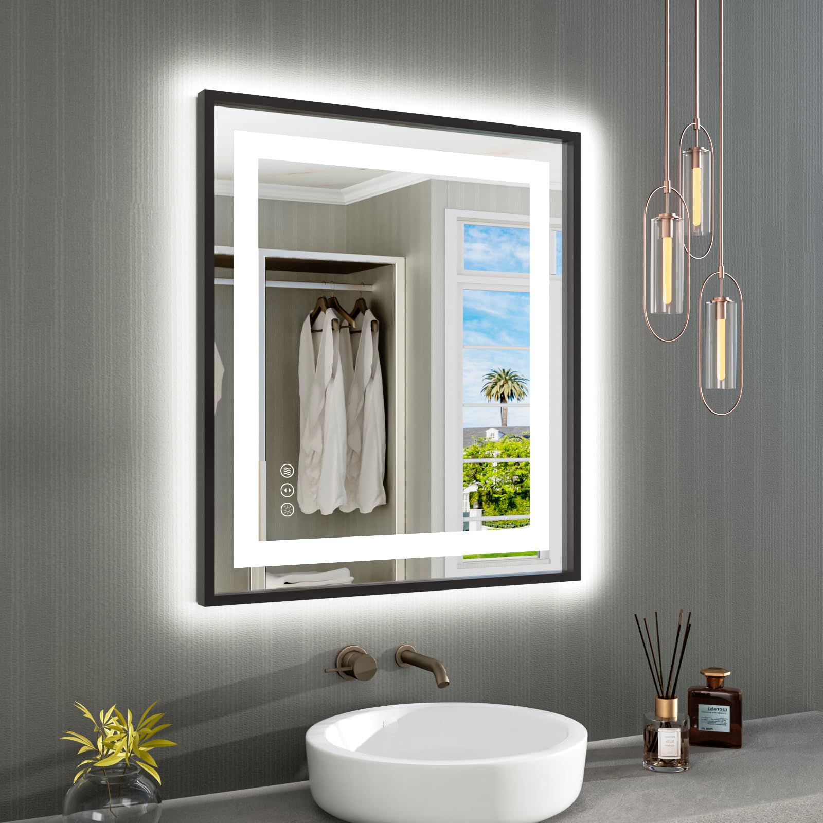 Photo 1 of ******LIGHTED PORTION IS NON-FUNCTIONAL****** Amorho 28"X32" LED Bathroom Mirror with Black Frame, Front Light and Backlit, Stepless Dimmable, Anti-Fog, Shatter-Proof, Memory, 3 Colors, Double LED Vanity Mirror