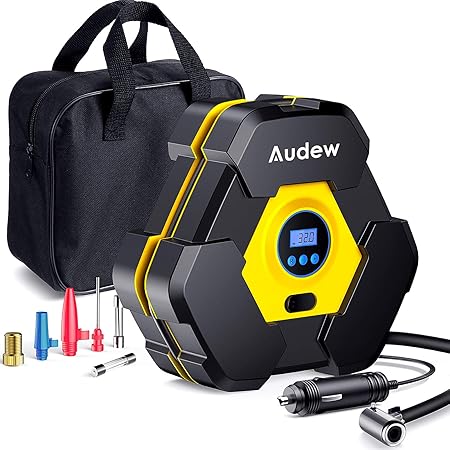 Amazon Audew ポータブルエアコンプレッサー タイヤ空気入れ ゲージ付き 自動デジタルエアポンプ 車のタイヤ用 予備ledライト付き Dc 12v 150 Psiタイヤポンプ 車 自転車 バイク バスケットボール プールおもちゃ カータイヤ ホイール 車 バイク