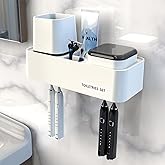 7AM2M Toothbrush Holders for Bathrooms,2 Cups Bathroom Organizer with Secure Hook - Stylish Wall Mounted or Desktop Use,Bathroom Organization and Storage,4 Toothbrush Slots, (White)