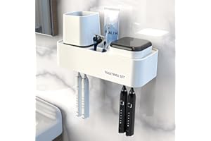 7AM2M Toothbrush Holders for Bathrooms,2 Cups Bathroom Organizer with Secure Hook - Stylish Wall Mounted or Desktop Use,Bathroom Organization and Storage,4 Toothbrush Slots, (White)