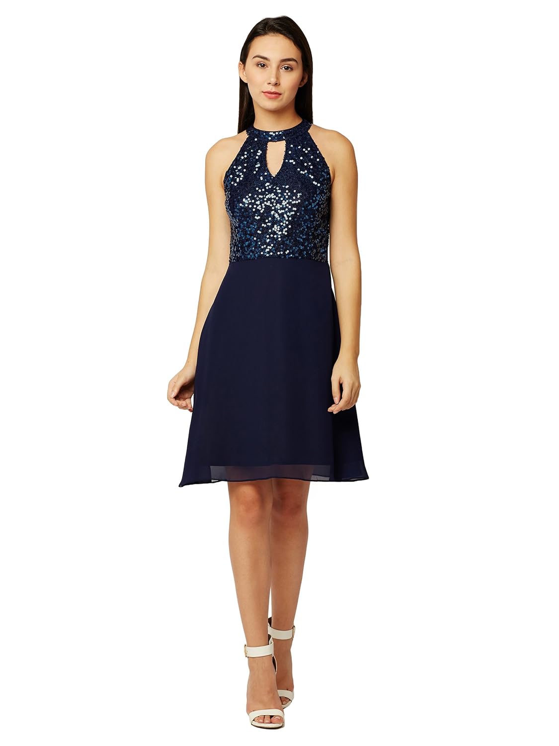 miss chase women's navy blue sequin skater dress