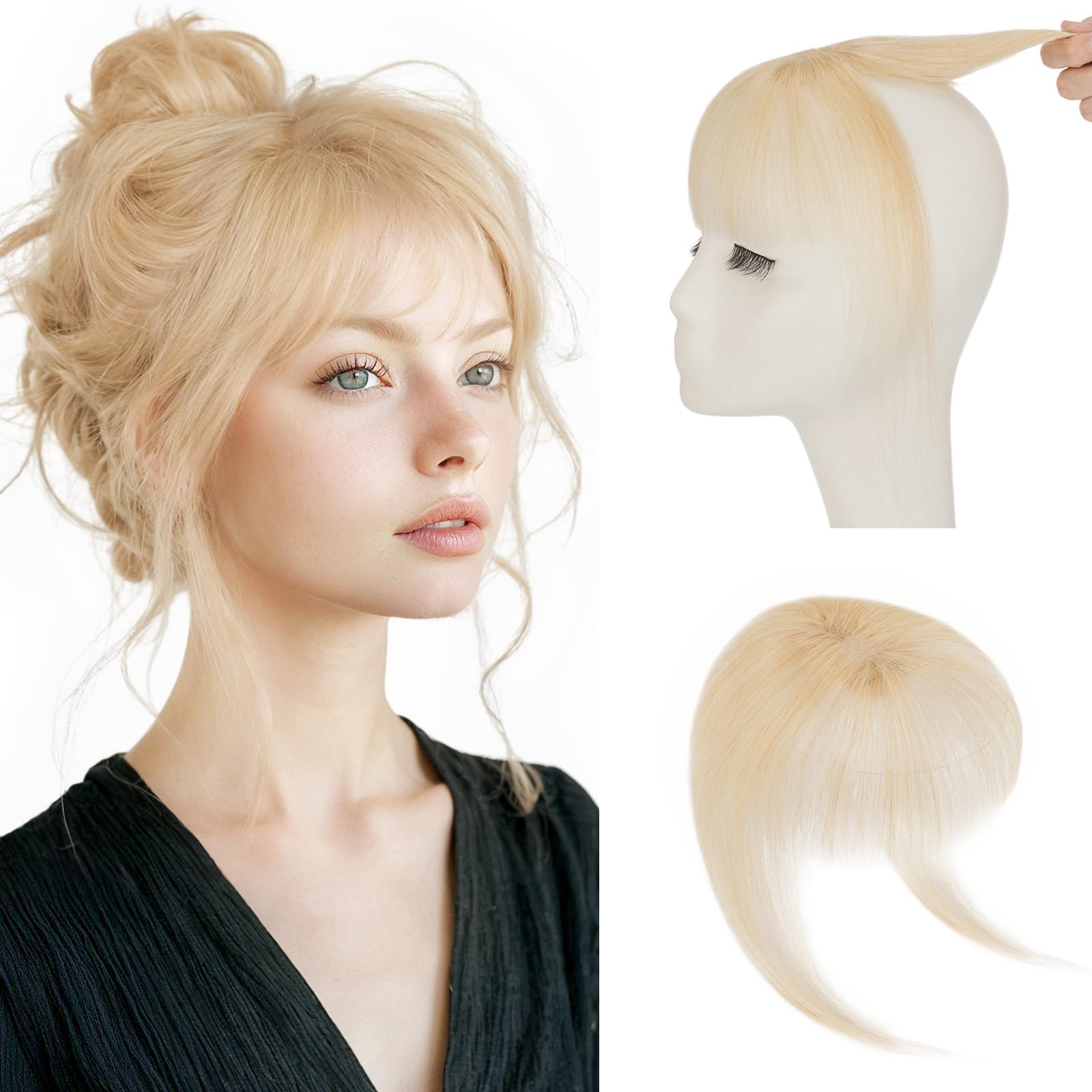 Photo 1 of Hairro Clip On Bangs Human Hair Bangs Hair Clip In Bangs 3D 360°Cover Topper With Bangs Wispy Air Bangs Hair Pieces Fake Bangs For Women 8 Inches 10g #613 Light Blonde