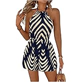SweatyRocks Women's Allover Print Sleeveless Halter Jumpsuit High Waist Cami Romper with Pocket