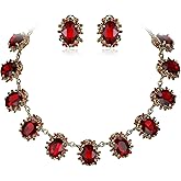 BriLove Victorian Style Statement Necklace Pierced Earrings Jewelry Set for Women Crystal Floral Cameo Inspired Oval Jewellery for Party Prom