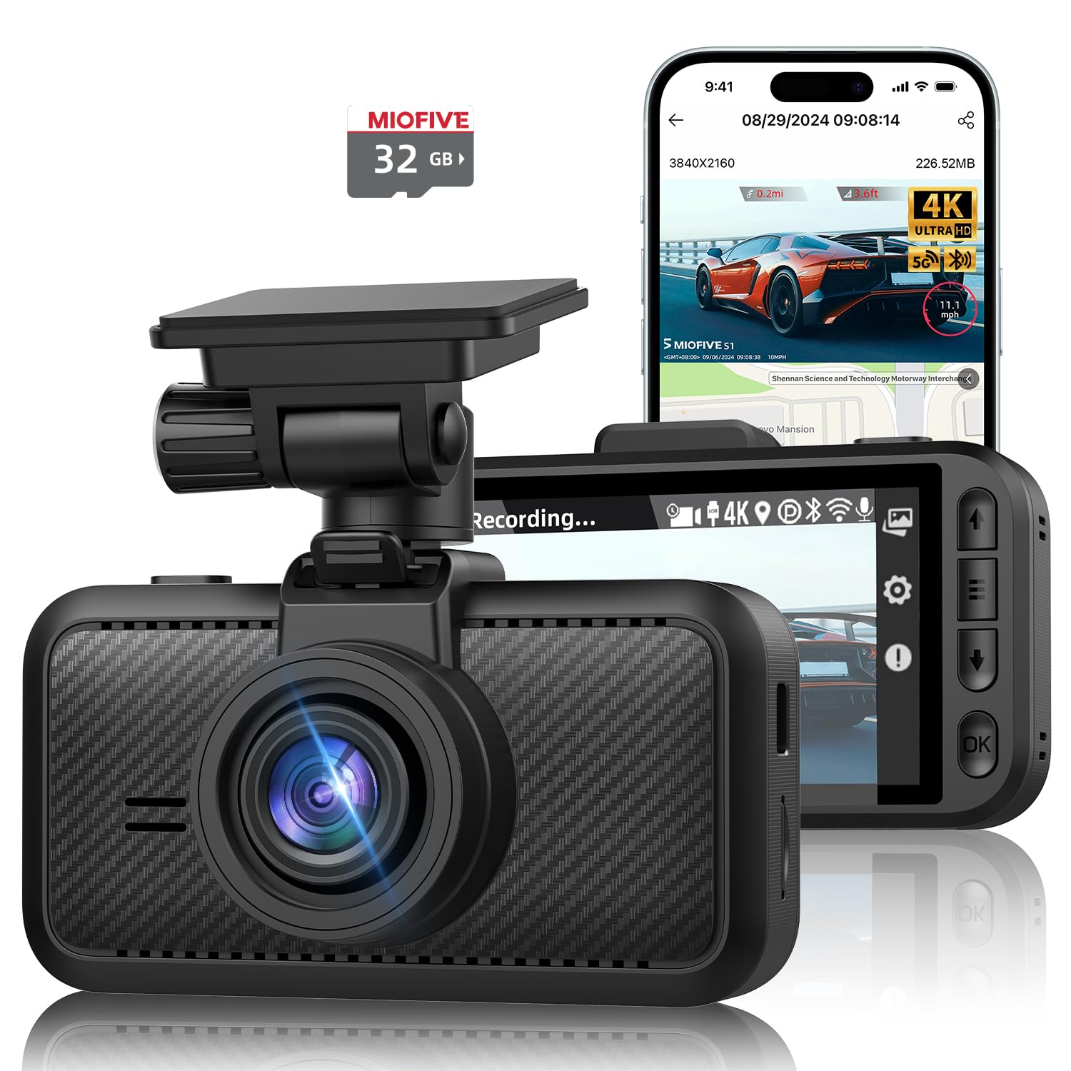 Miofive Car Camera 4K Resolution, 5G WiFi & Bluetooth, GPS Dash Cam, 3" IPS Screen, G-sensor, Night Vision, Loop Recording, HDR, App Control, and Supports up to 512GB with a Free 32G Card Included