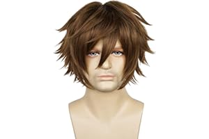LABEAUTÉ Mens Short Brown Cosplay Wigs With Bangs Male Unisex Fluffy Heat Resistant Wig Hair for Party and Halloween for Gift + Free Cap