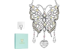 LARAINE Butterfly Rhinestones Hanging Ornaments Charm Mom Mother's Day Butterfly Wind Chime Ornament Charm with Metal Heart Gifts for Mom Grandma Aunt Birthday (Silver, Mom)
