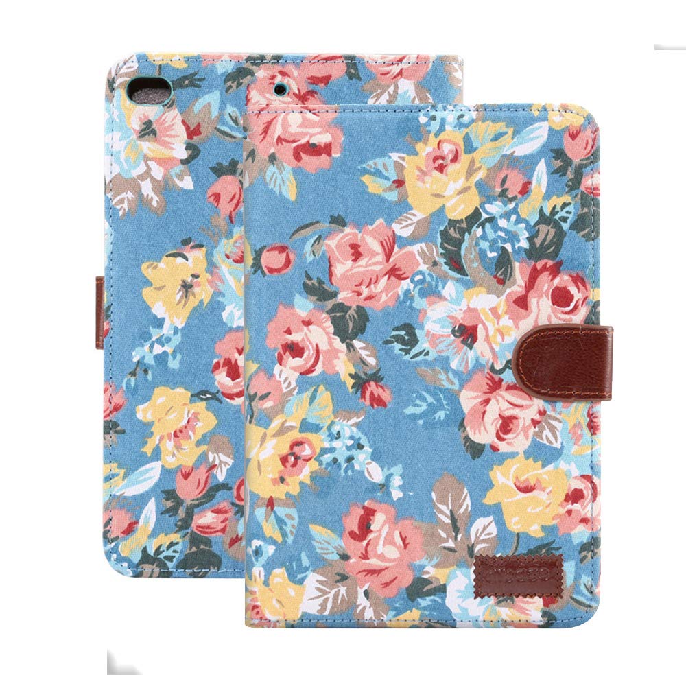 MiusiCase iPad Mini 4 Case - Luxury Vintage Cute Flowers Floral Designer Case, Rugged Sturdy Shockproof Protective Cover With Auto Sleep/Wake, Blue