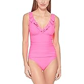 DKNY Women's Ruffle Plunge Underwire Tummy Control One-Piece Swimsuit (Neon Pink, 6)