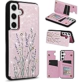 UEEBAI Wallet Case for Samsung Galaxy S25 5G with Card Holders, PU Leather Cover Kickstand RFID Blocking Double Magnetic Clasp Rilievo Flower Shockproof Flip Case for Women Girls - Pansy