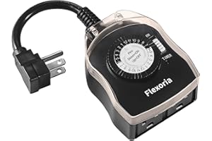 Flexoria Outdoor Timer Outlet Waterproof, 24 Hour Mechanical Plug in Light Timer, 2 Grounded Outlets for Halloween and Christmas Decorations, 15A 1/2 HP, ETL Listed (1 Pack)