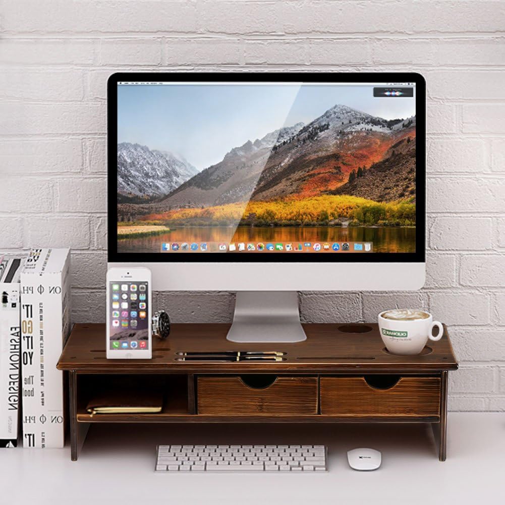 Tribesigns Monitor Stand Riser with Storage Organizer Drawers Bamboo，Retro Brown : Office Products
