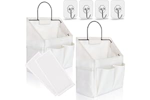 Kanrichu 2pcs Small Wall Hanging Organizer Bag, Linen Fabric Door Hanging Storage Basket with Pockets, Waterproof Bin for Kitchen, Bedroom, Office, RV Camper (White)