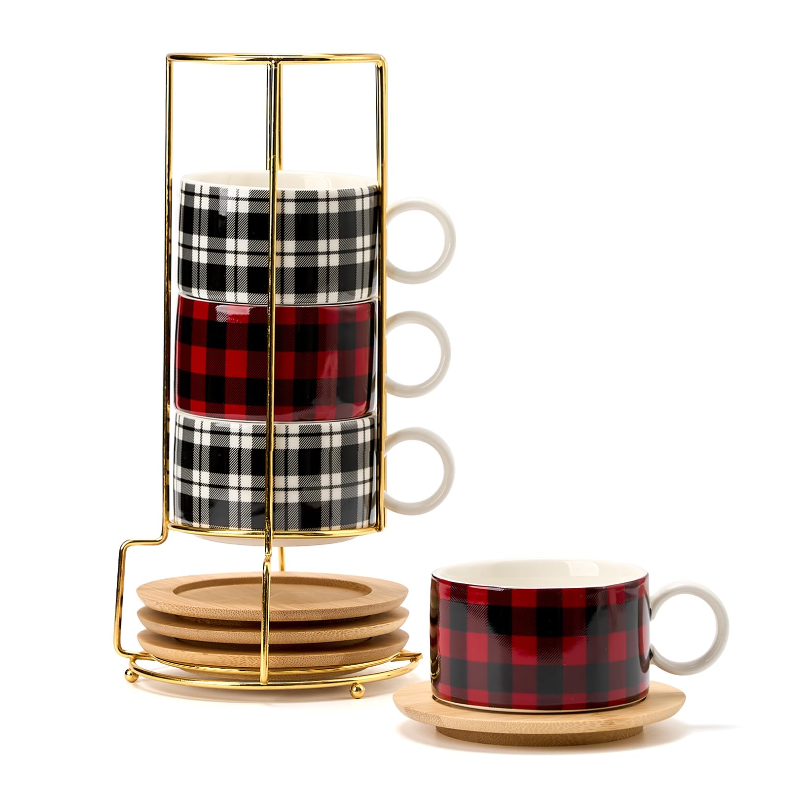 LUKA Porcelain Espresso Cup with Metal Stand,6 Ounce Stackable Ceramic Demitasse Espresso Mugs Cappuccino Cups Set for Latte,Coffee,Cafe Mocha,Tea - Set of 4 (Plaid Red & Gray) Image