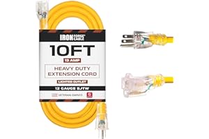 Iron Forge Cable 10 Foot Lighted Outdoor Extension Cord - 12/3 SJTW Heavy Duty Yellow Extension Cable with 3 Prong 15 AMP Grounded Plug for Safety