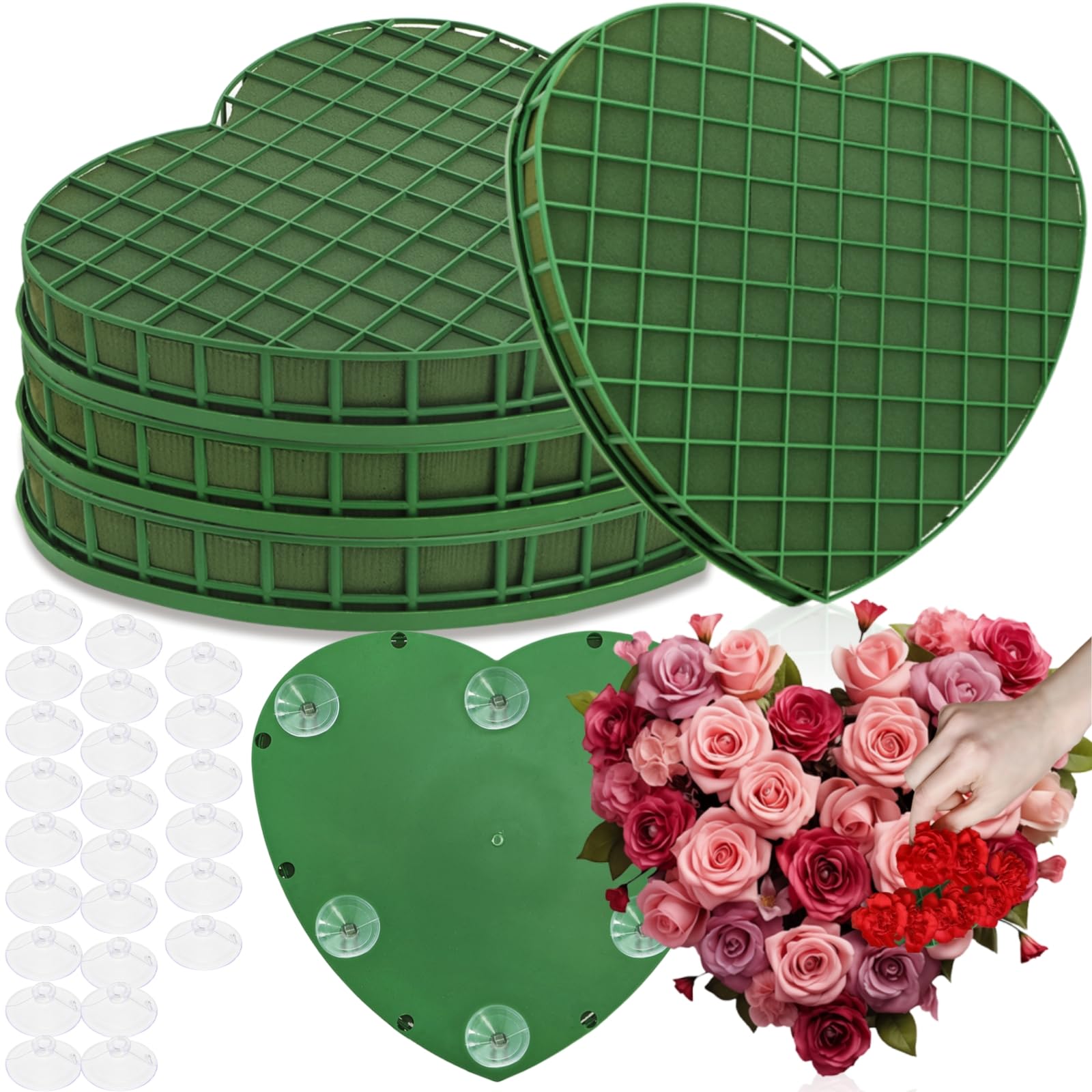 Photo 1 of Goaste 4 Pack Heart-Shaped Floral Foams, Large Green Florist Foam with Suction Cup Tray, Wet Flower Mud Blocks, Green Florist Sponge Bricks for Wedding Car Decoration, DIY Flower Arrangement