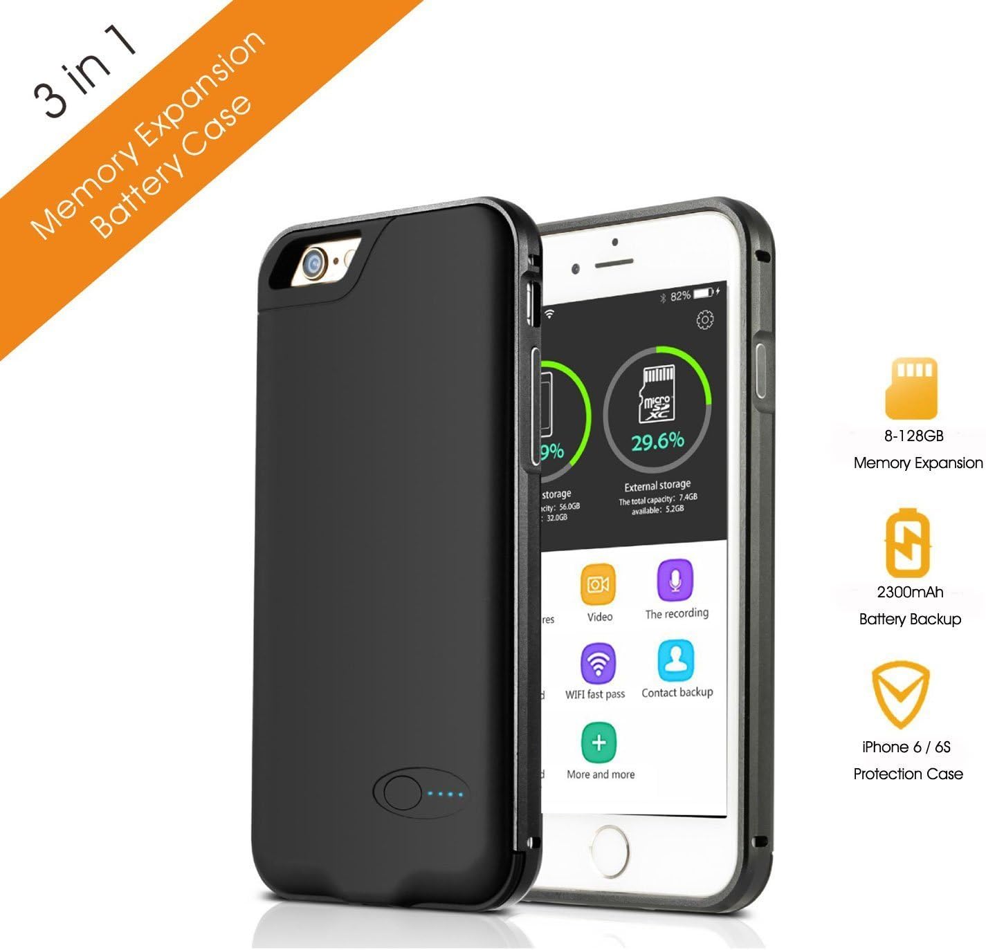 iPhone 6S/6 Memory Battery Case, LetCome Battery Case with TF Card Slot (Support 8GB to 128GB) for iPhone-2300mAh Ultra Slim Extended Portable Charger for iPhone 6S/6 (Black)