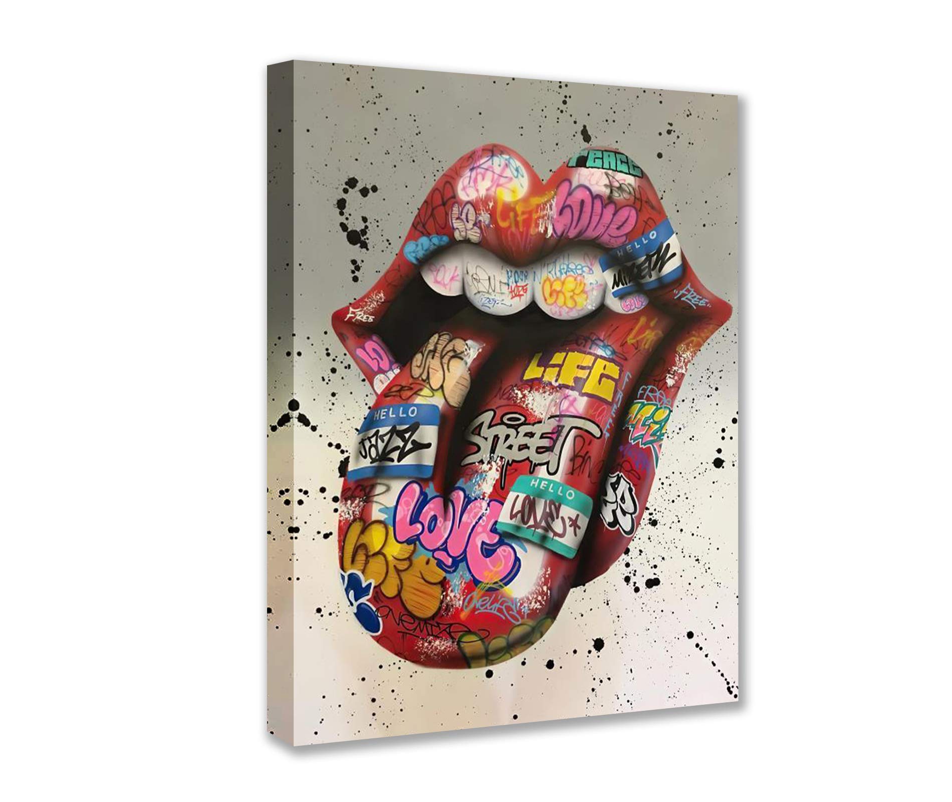 Banksy Street Art Graffiti Tongue Pictures Lips Paintings Funny Artwork for Living Room Gift 1 Pieces Canvas Wall Art Nordic Home Decor Framed Ready to Hang Poster and Prints(16''Wx24''H)