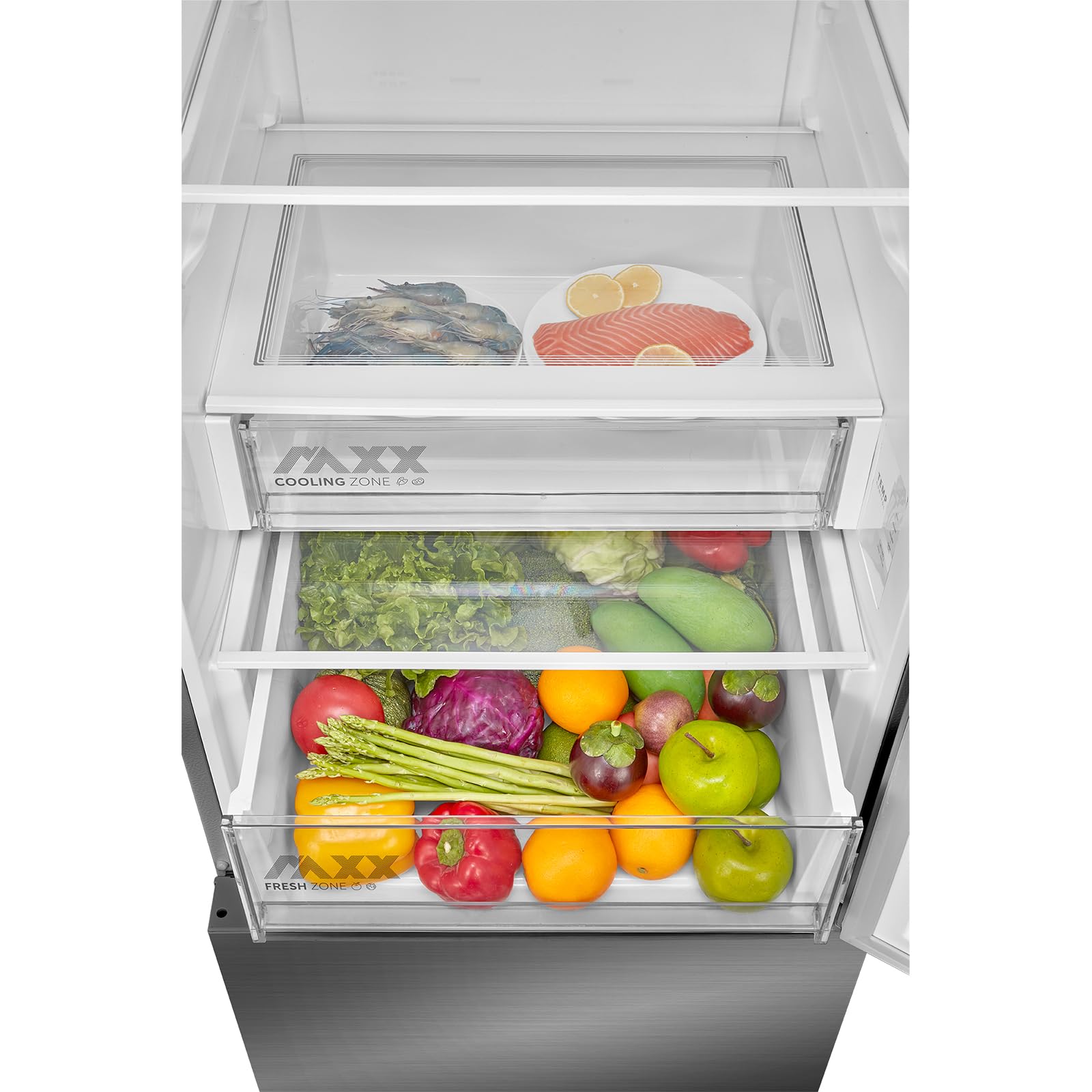 Midea 443L Kühl-Gefrierkombination SPACE MASTER, 201 cm, NoFrost, Multi-Airflow, -24° 4-Sterne-Gefrierfach, SuperKühlen & SuperGefrieren, LED, 35 dB, Maxx Fresh Zone, Edelstahl-Optik, MDRB600MME46 3