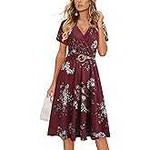 Women's Elegant Criss-Cross V Neck Vintage Short Sleeve Work Casual Fit and Flare Tea Dress with Pockets 980