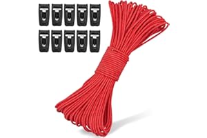 Hikeman Tent Guy Ropes 2mm-Ultralight Strong Guy Lines with Tensioner Reflective UHMWPE Fiber Tent Cord for Camping, Hiking, Backpacking Rope (Red, 65 Feet Cord & 10 Pcs Tensioner Kit)