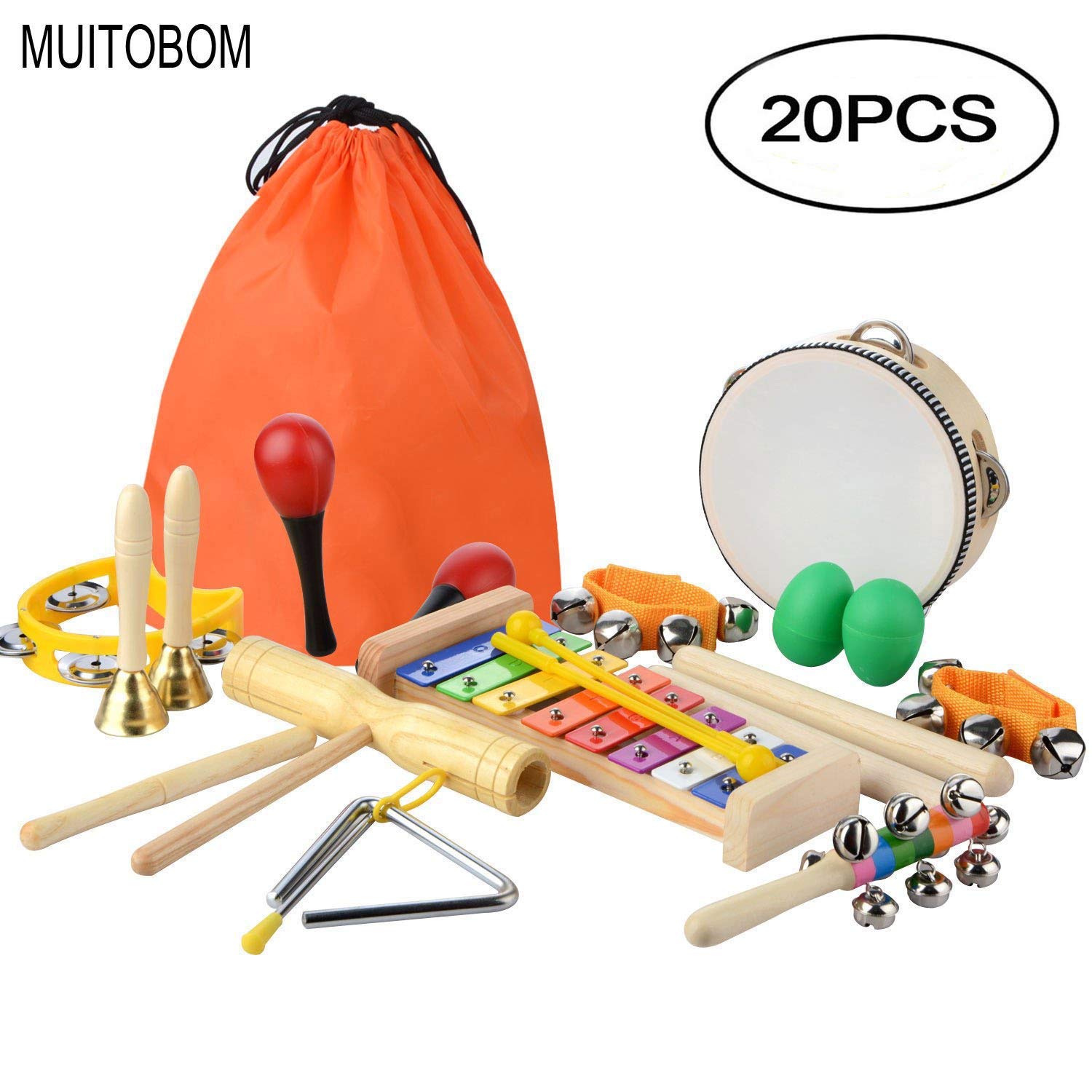 MUITOBOM 20 Pcs Toddler & Baby Musical Instruments Set – Percussion Toy Fun Toddlers Toys Wooden Xylophone Glockenspiel Toy Rhythm Band Set, Percussion Set for Kids of All Ages
