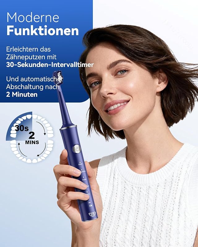 Elektrische Schallzahnbürste für Erwachsene – 5 Modi, 45 Tage Akkulaufzeit, 8 Bürstenköpfe, IPX7 Wasserdicht, Smart Timer, Reisefreundlich – Premium Sonic Zahnbürste Set für Familie (Blau)