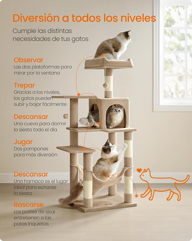 Árbol para Gatos, Altura 137,7cm, Multinivel, 4 Postes Rascadores