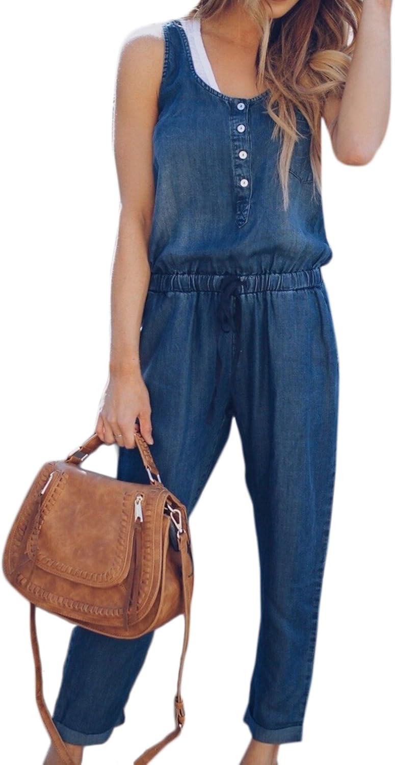Damen Denim Overalls Sommer Casual Ärmellose Solide Täglich Strampler