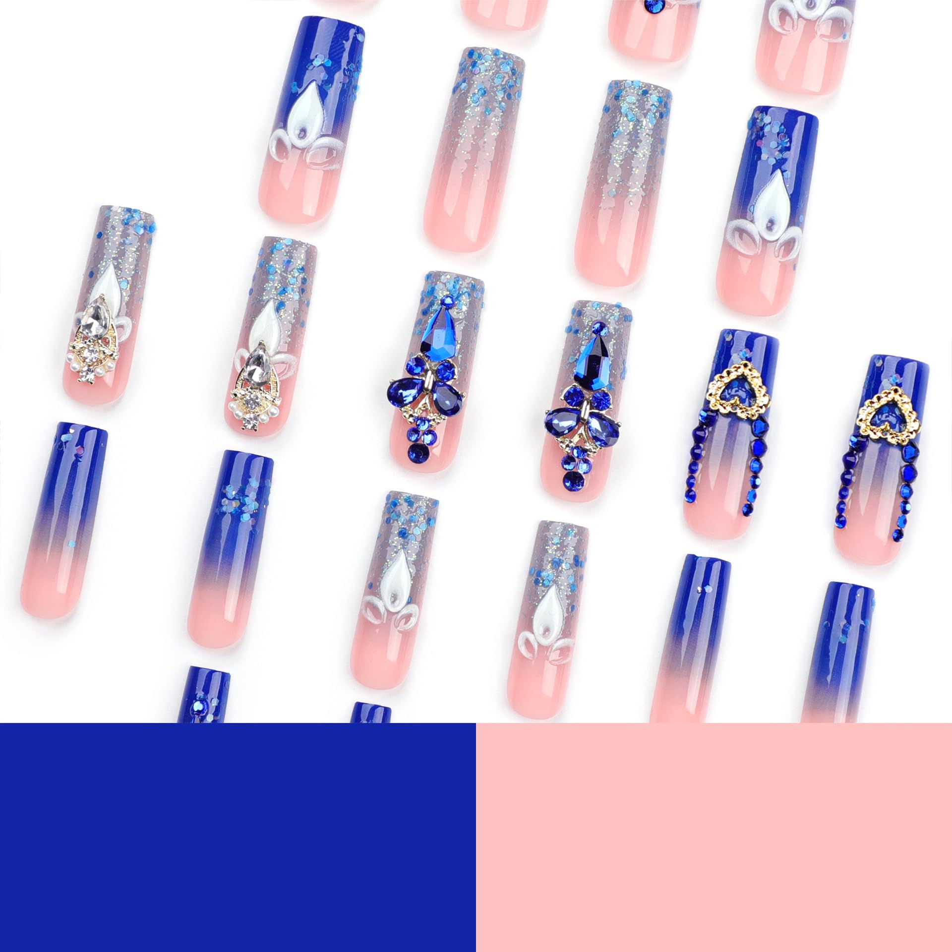 QQPPOLIU Royal Blue Press on Nails Long Length Square Shape Acrylic Fake Nails with Rhinestones Designs False Nails Mother'S Day Gift 24pcs - Image 3