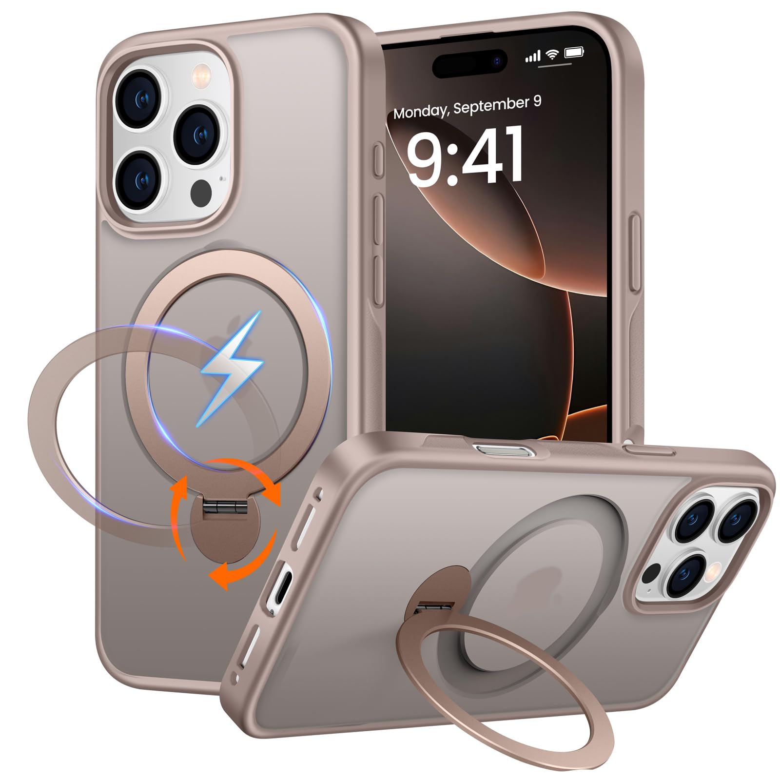 Photo 1 of PuyaTeya 360° Rotatable Magnetic Stand for iPhone 16 pro Case Compatible with Magnetic 16FT Military Drop Protection, Anti-Scratch/Fingerprint Shockproof iPhone 16 pro Phone Case(Matte- Gold)