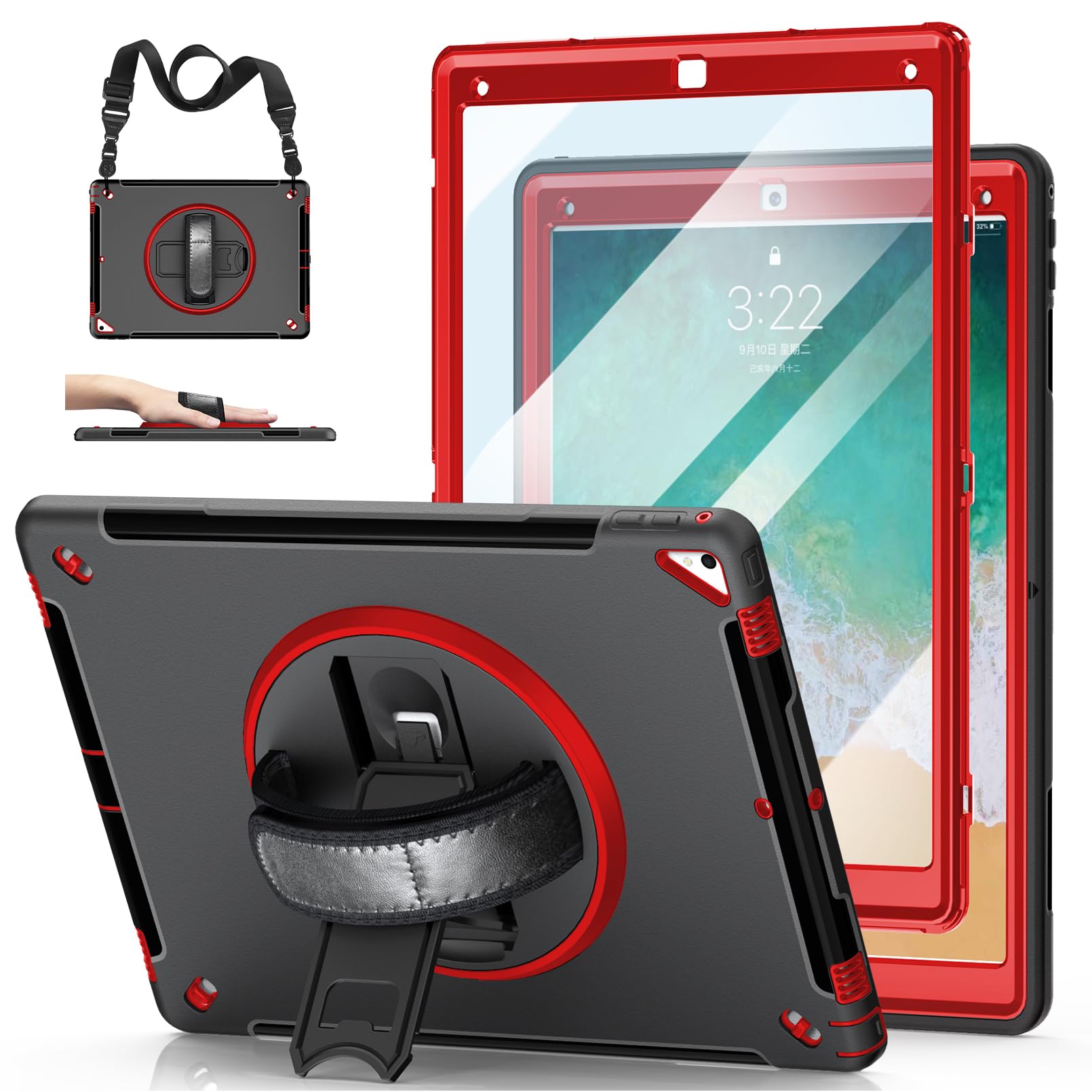 Photo 1 of iPad Pro 12.9 Case 2nd Generation 2017 & 2015 1st Generation, Heavy Duty Rugged TPU Protective Cover with Screen Protector- Stand + Handle Hand & Shoulder Strap + Pencil Holder- Red+Black