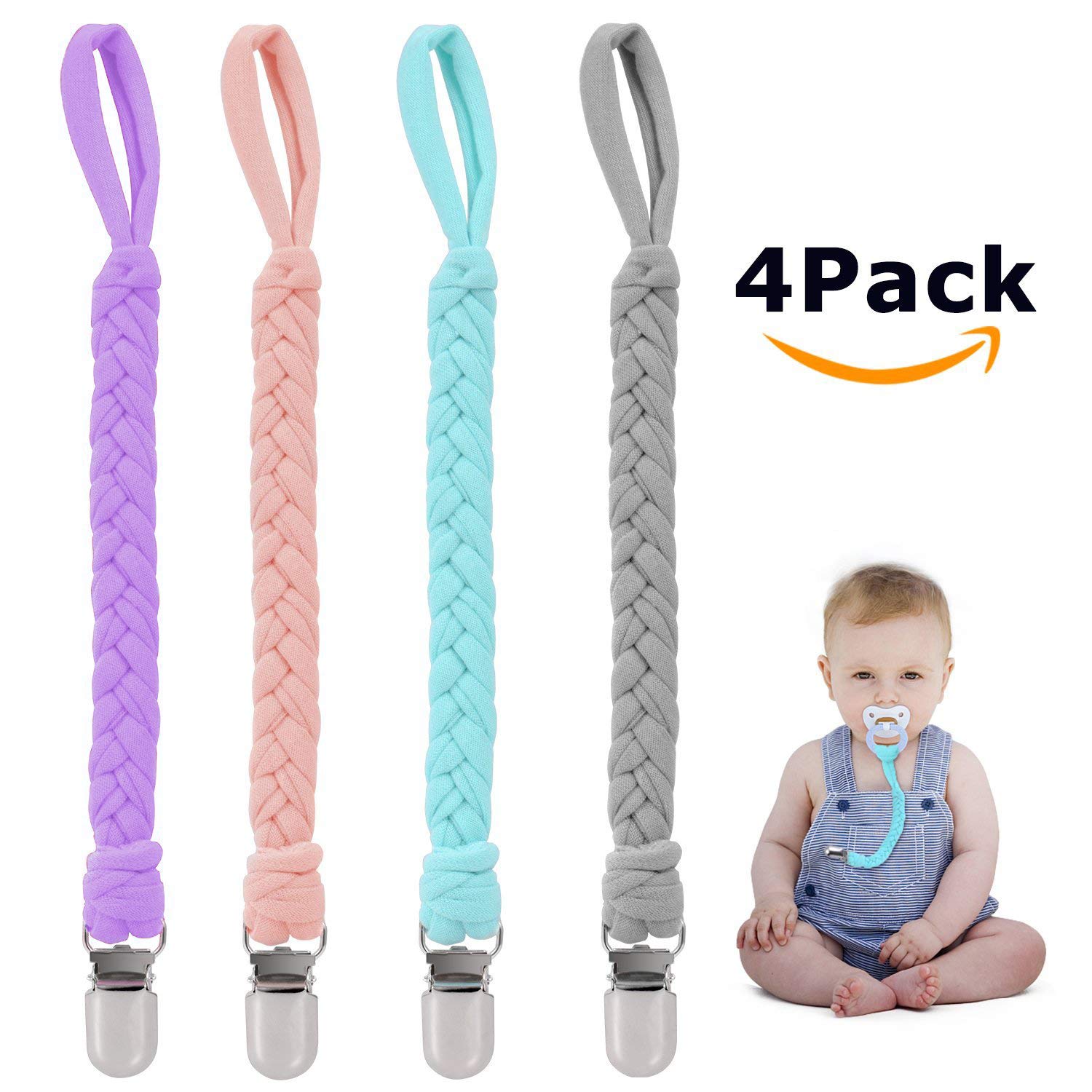 Pacifier Clips, Pack of 4 Teething Ring Holder for Babies, Soft Flexible Holder Leash for Pacifiers, Hand-Made Braided Baby Teething Soothie Band for Girls& Boys
