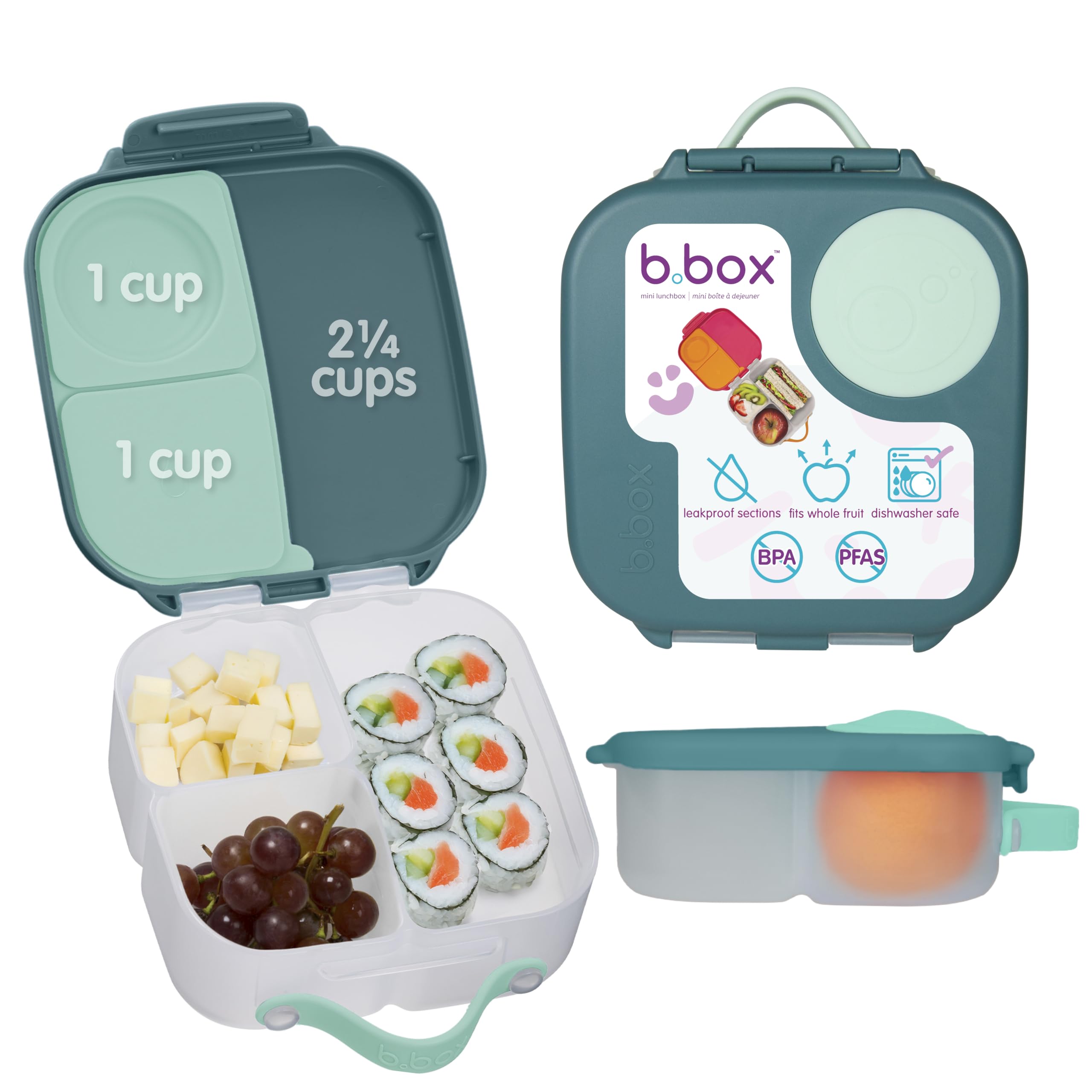 b.box Mini Lunchbox | Bento Box with 3 Compartments (2 Leakproof) | Ideal for Toddlers, Kids Lunch & Snacks | Fits Whole Piece of Fruit | BPA Free