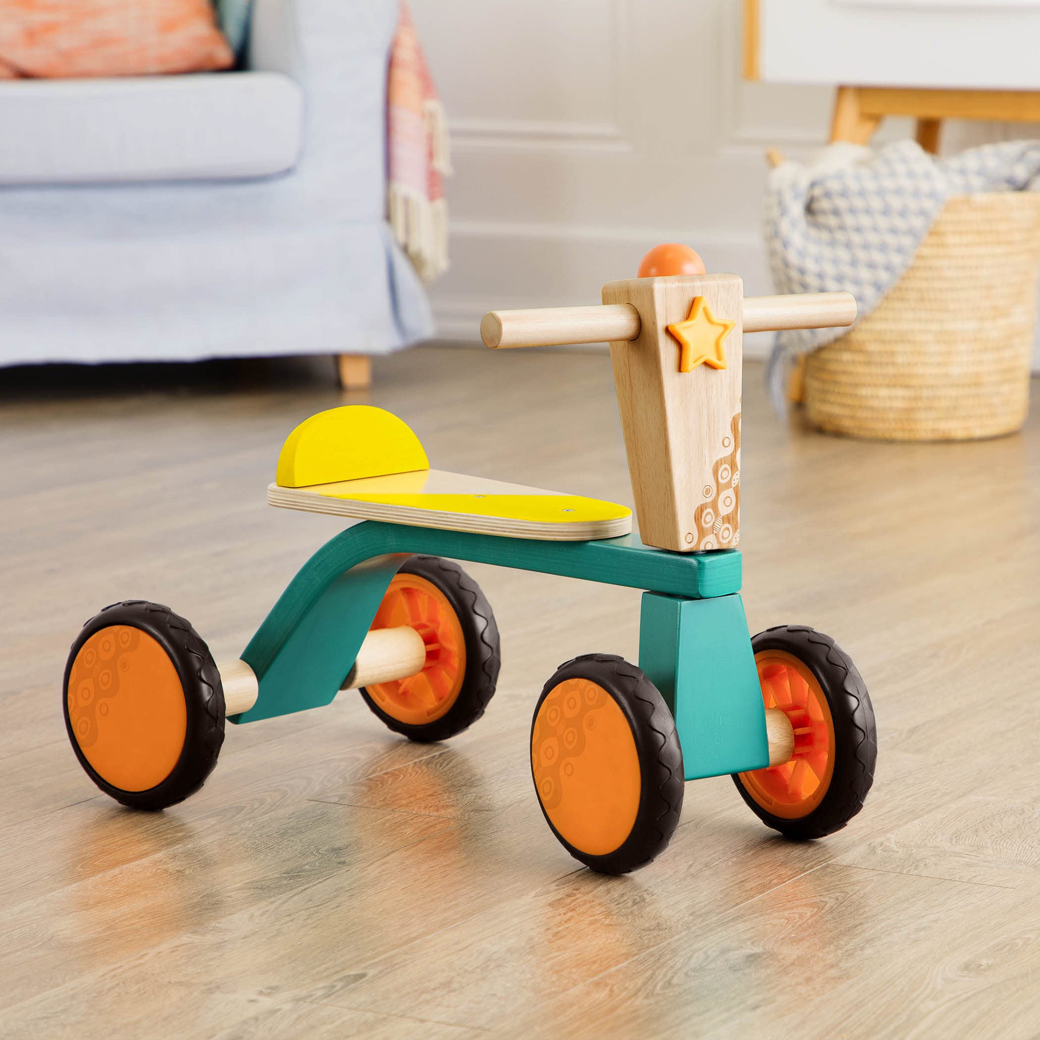B. Toys- Smooth Rider- Ride On- Wooden Toddler Bike – Balance Toys for Toddlers – Push & Ride Bike – Four Wheels – 18 Months +, Large, Multicolor