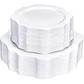 realluck 100 PCS White Disposable Plates for 50 Guests, Scalloped Plastic Plates Include 50 Dinner Plates and 50 Dessert Plates for Party, Wedding