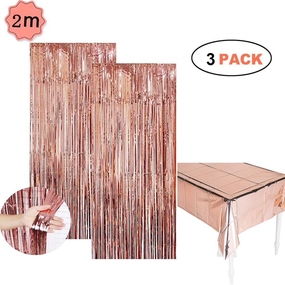 Geenber Rose Gold Foil Curtains and Rose Gold Foil Tablecloth Metallic Fringe Hanging Tinsel Curtains Shimmer Party Door Curtain Photobooth Props for Birthday Wedding Bridal Photo Booth Backdrop