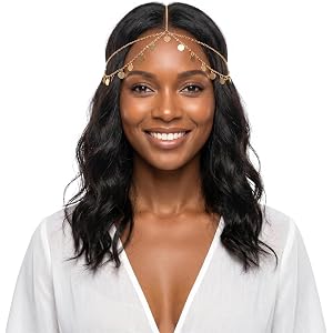 LXUEJIE Head Jewelry for Women, Gold Head Chain for Festival Wedding Bridal | gold sequins head chain gold lightweight and co