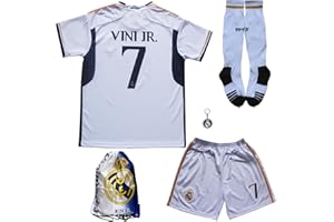 LeenBD 2023/2024 New Vini Jr. No #7 Madrid Home White Kids Soccer Jersey Kit Shorts Socks Set Youth Sizes (White, 6-7 Years Old)