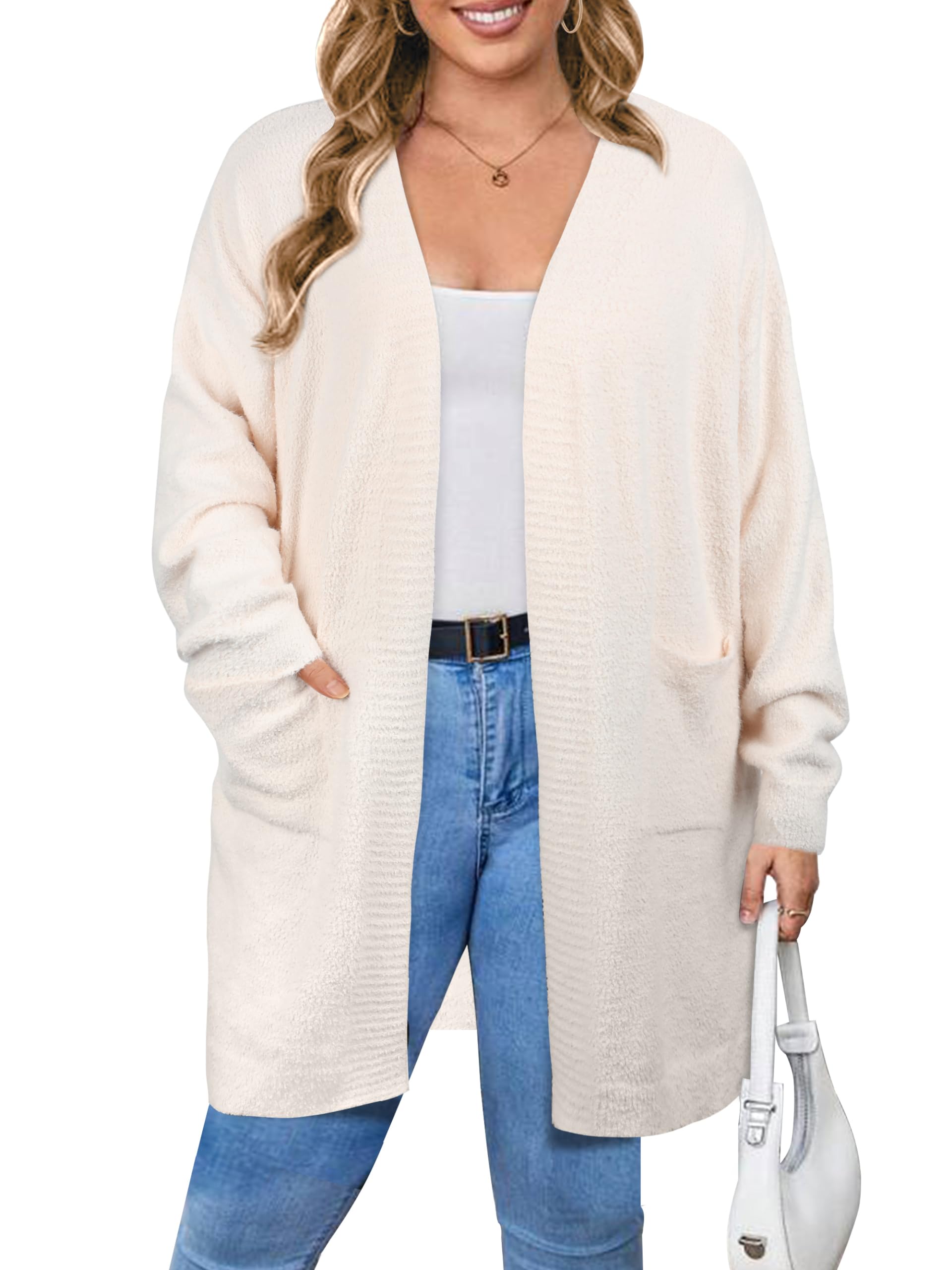 Photo 1 of Plus Size Cardigan Sweaters for Women Open Front Fuzzy Popcorn Batwing Sleeve Side Split Sweater Cardigan Coat Outwear Apricot