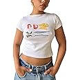 Women's Short Sleeve Y2K Baby Tees E-Girls Cute Graphic Print Crop Tops Slim Fit T Shirts Retro Vintage Aesthetic