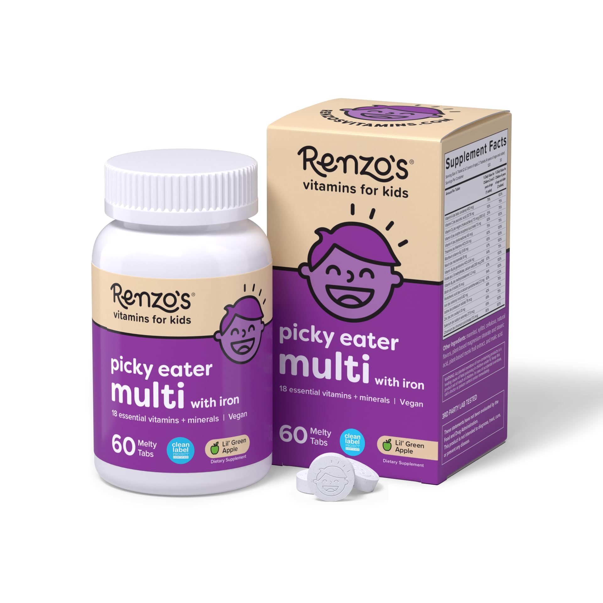 Renzo's Picky Eater Kids Multivitamin with Iron, Dissolving Kids Vitamins with Vitamin D3 and K2 and More, 60 Sugar-Free Melty Tabs, Lil’ Green Apple Flavored