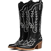 Fioralie Suede Cowboy Boots for Women Western Mid Calf Cowgirl Boots with Embroidered, Retro Snip Toe Fashion Boot With Chunky Block Heel Summer Fall Country Music Festival Cowboy Chic