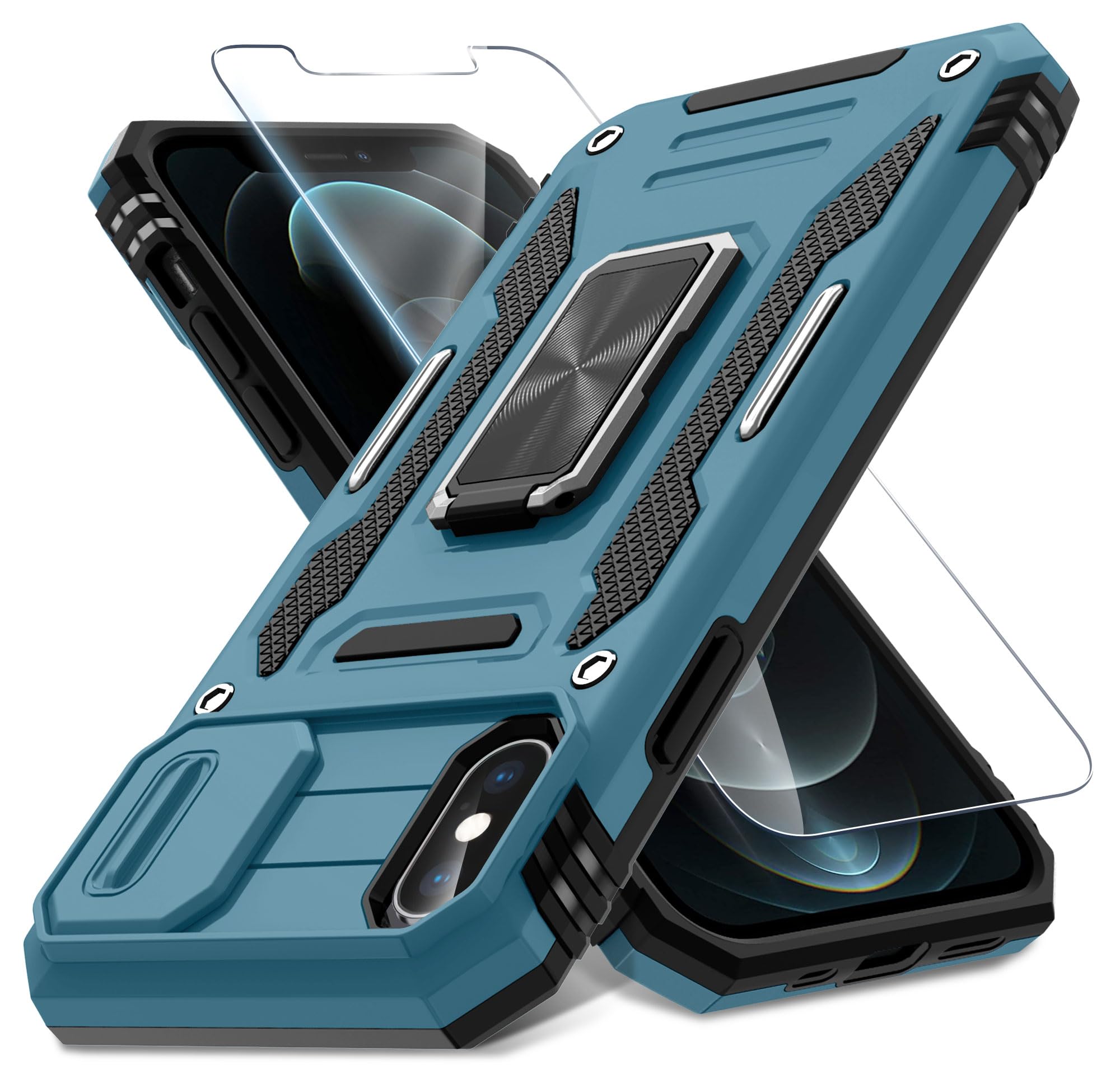 DEERLAMN Case for iPhone Xs Max with Slide Camera Cover + Screen Protector, Rotated Ring Kickstand Military Grade Shockproof Protective Cover 6.5 Inch-Light Blue
