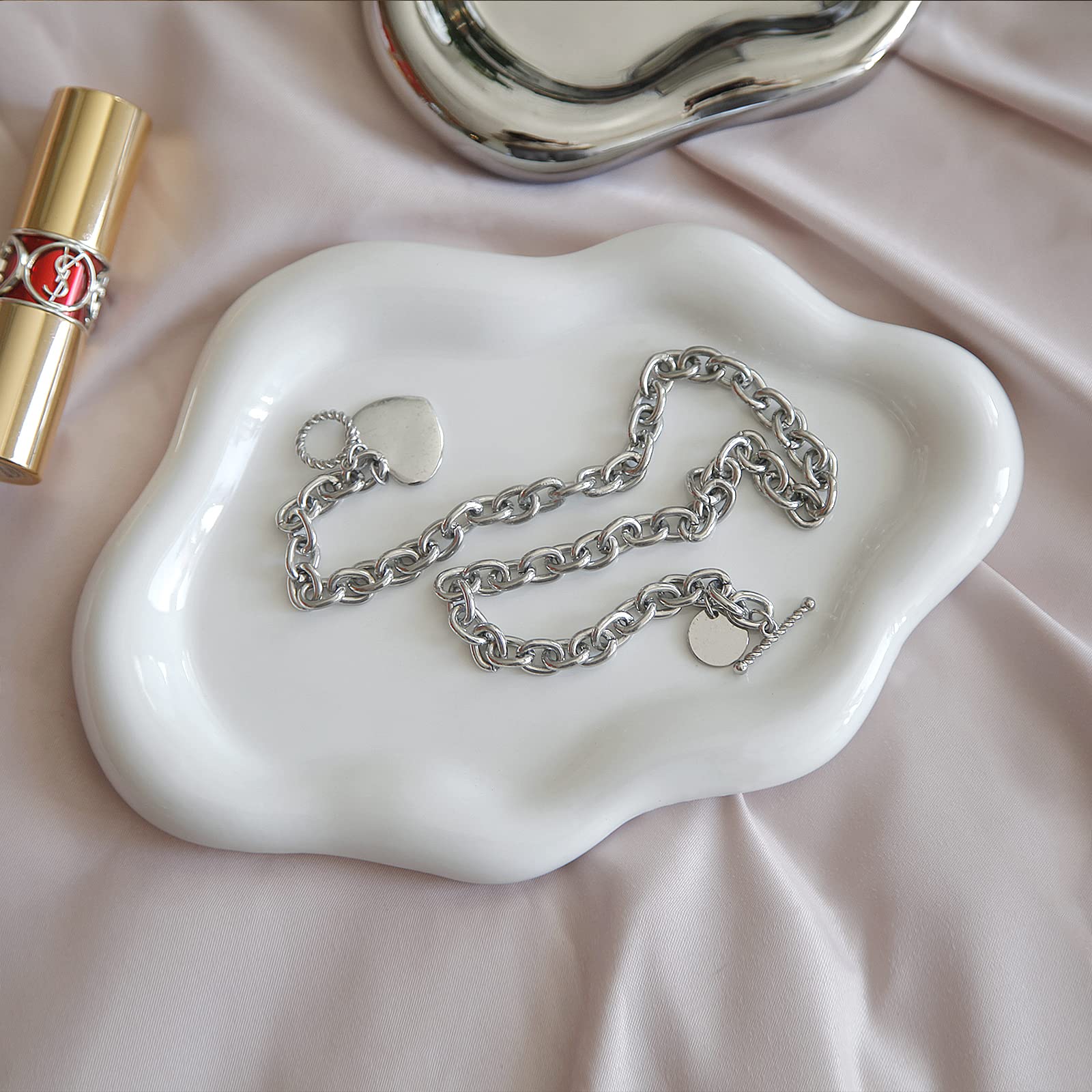 Jewelry Dish Trinket Tray for Women, Ring Dish Holder, Unique Cloud Shape Ceramic Plate Cute Things Vanity Aesthetic Room Decor Mother's Day Birthday (White)