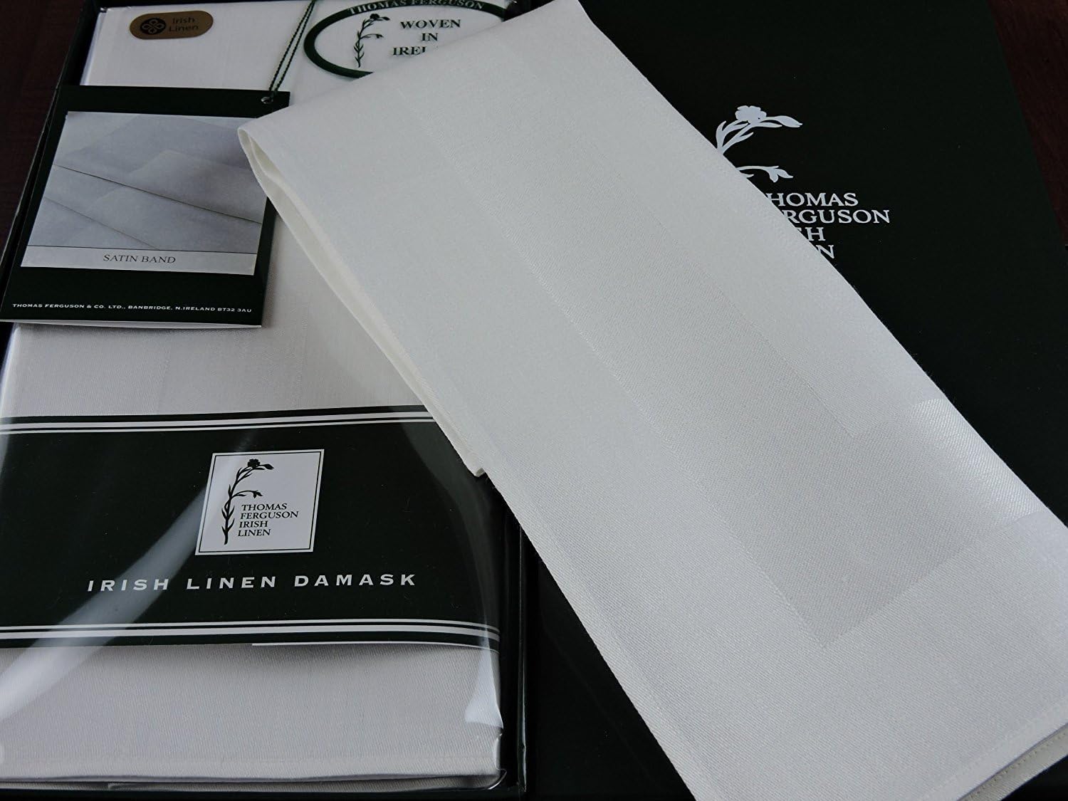 Thomas Ferguson Satin Band White Linen Damask Napkins (Set of 6) 18.1in Square