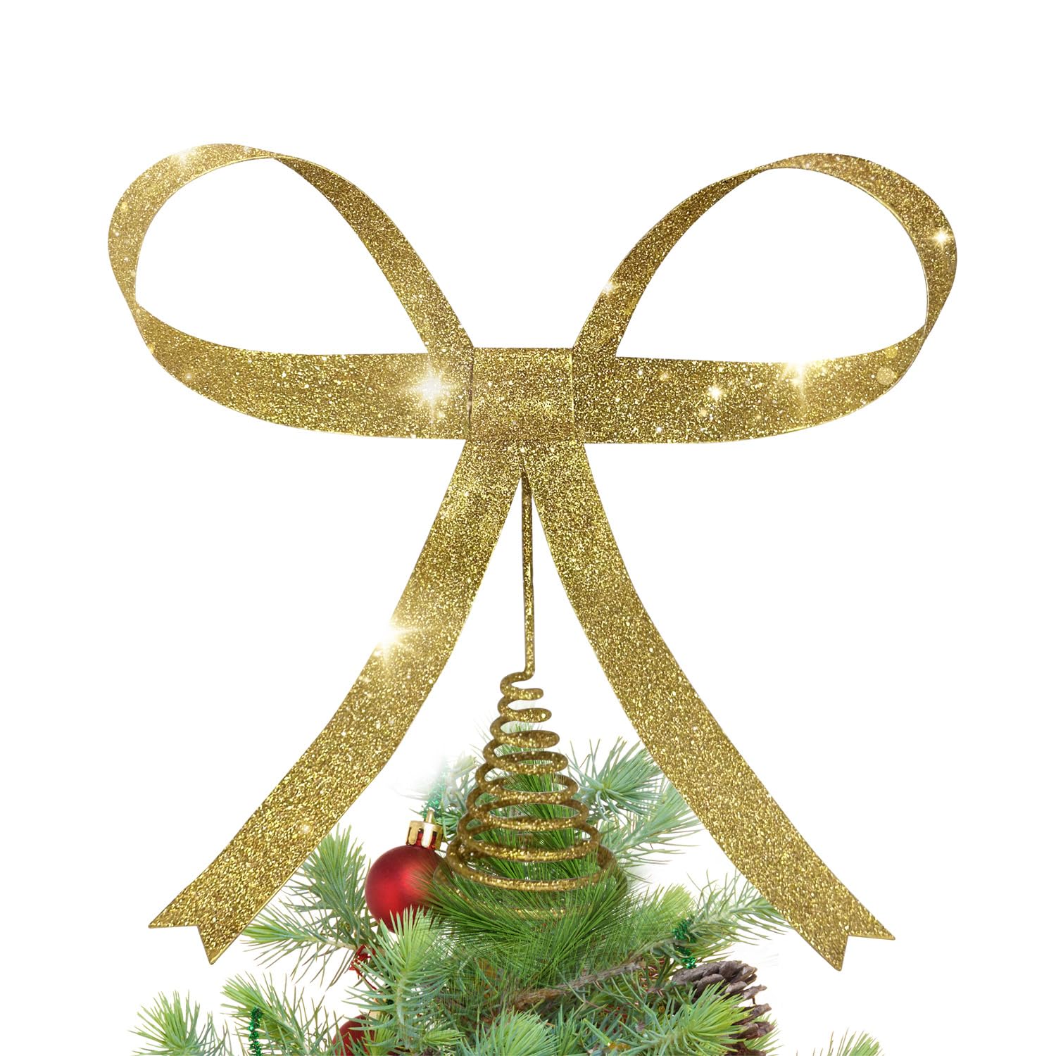 Photo 1 of ***GLITTER*** HUTHDAK Large Glitter Gold Bow Christmas Tree Topper,9.4 Inch Metal Tree Topper,Gold Bow Christmas Decorations for Xmas Home Decor Holiday Party Indoor Outdoor Shop Office